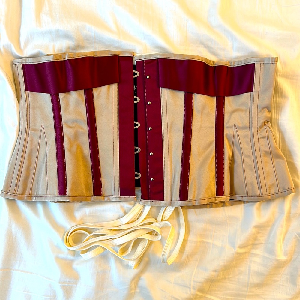 Corset Story Beige/Burgundy Satin/Cotton Waspie Corset  - Size 32